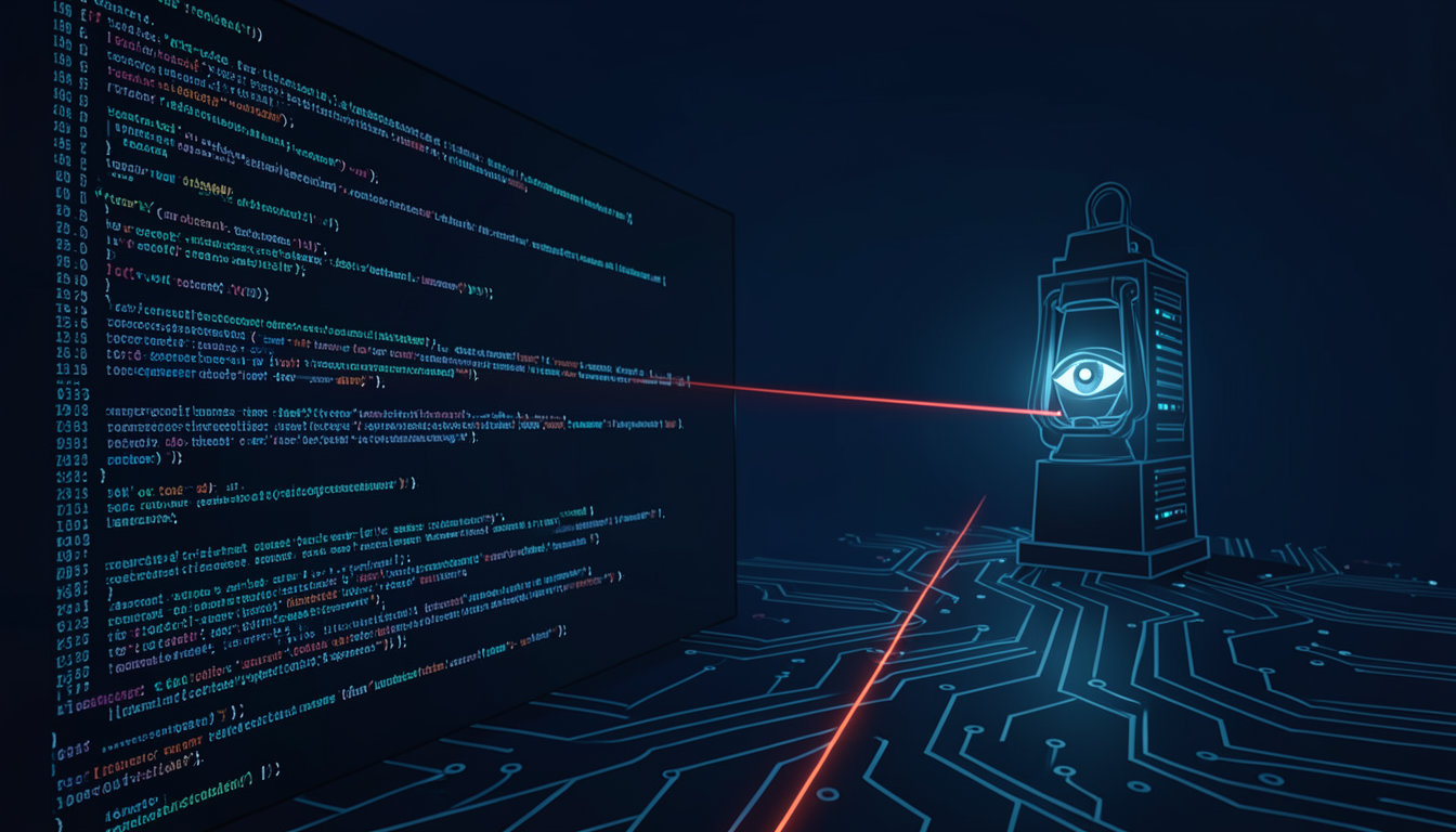 Ilustración de una ventana de terminal con código que oculta un ojo hecho de caracteres, conectado por un hilo de luz roja a una torre de servidores distante
