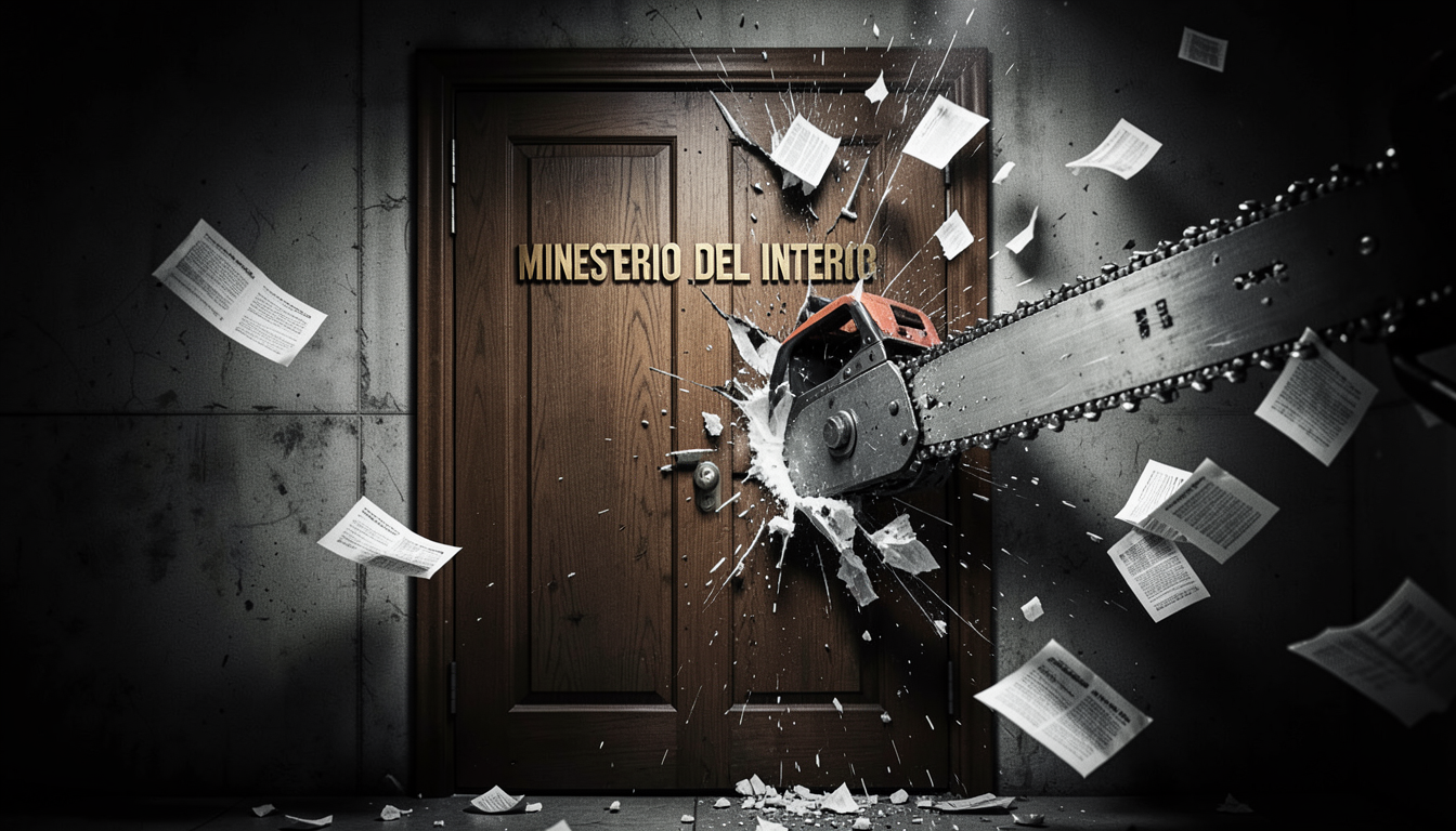 Ilustración conceptual de una puerta de oficina gubernamental con la inscripción del Ministerio del Interior siendo atravesada y destruida por una motosierra