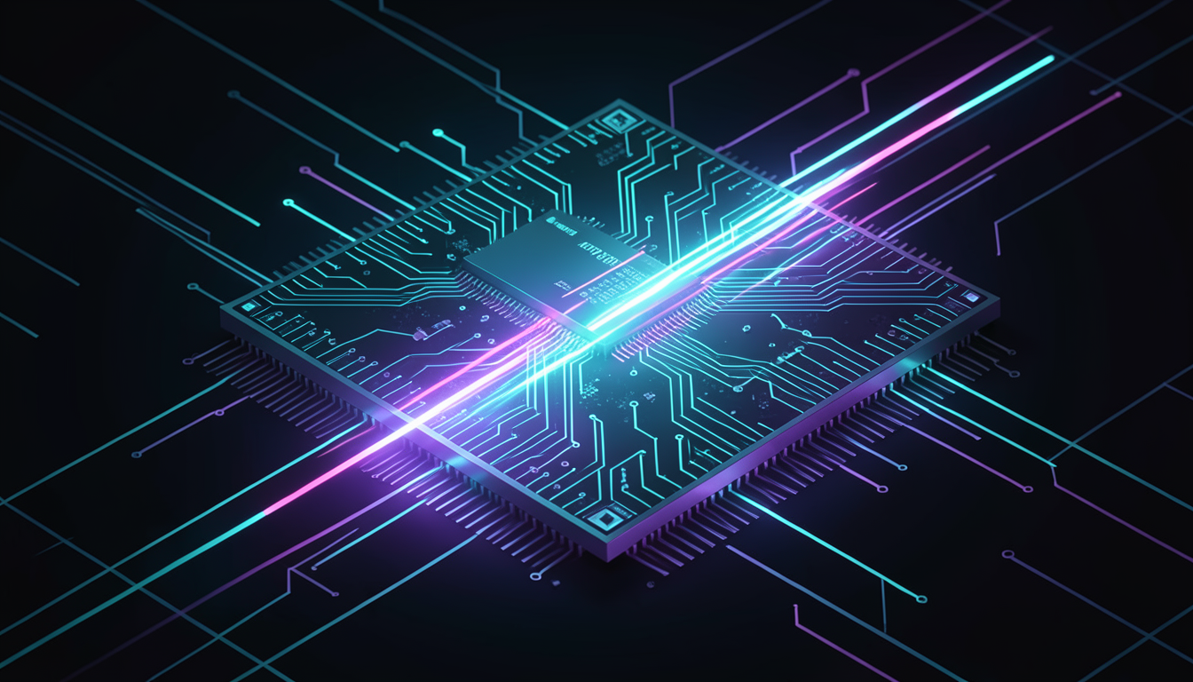 Ilustración de un chip de silicio a escala de oblea con trazos de luz veloces cruzando su superficie, en tono futurista