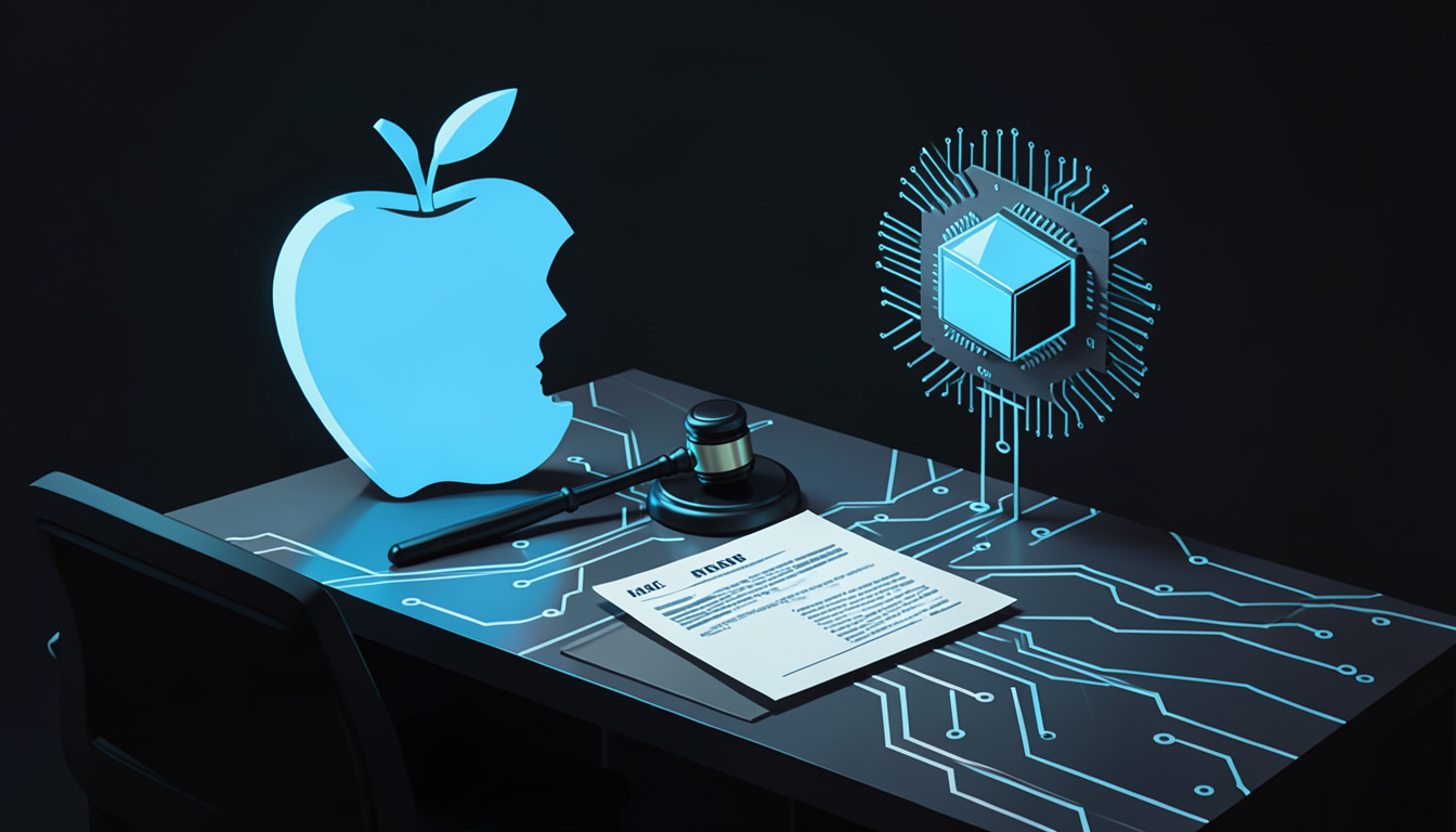 Ilustración de una manzana mordida y un chip enfrentados sobre una mesa de tribunal