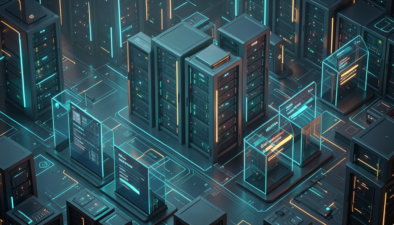 Ilustración conceptual de servidores y métricas de computación e inferencia de IA