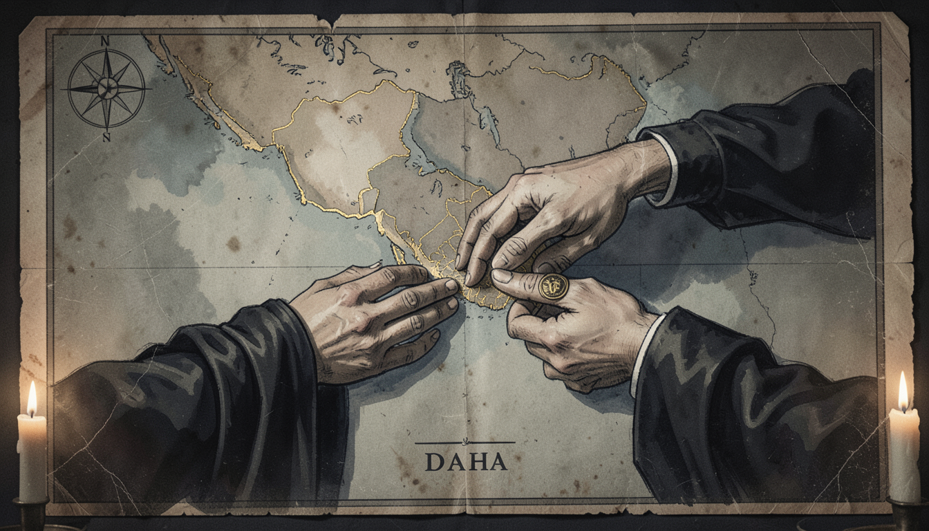Ilustración de un mapa antiguo del golfo Pérsico con Catar e Irán, y dos manos que se encuentran sobre Doha en señal de condolencia diplomática