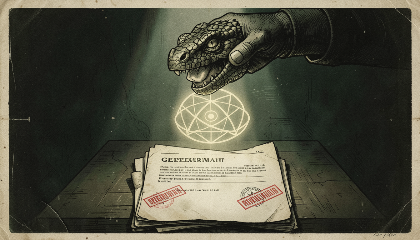 Ilustración de una máscara con textura de piel reptiliana siendo levantada para revelar un ojo geométrico brillante detrás, sobre un expediente oficial sellado