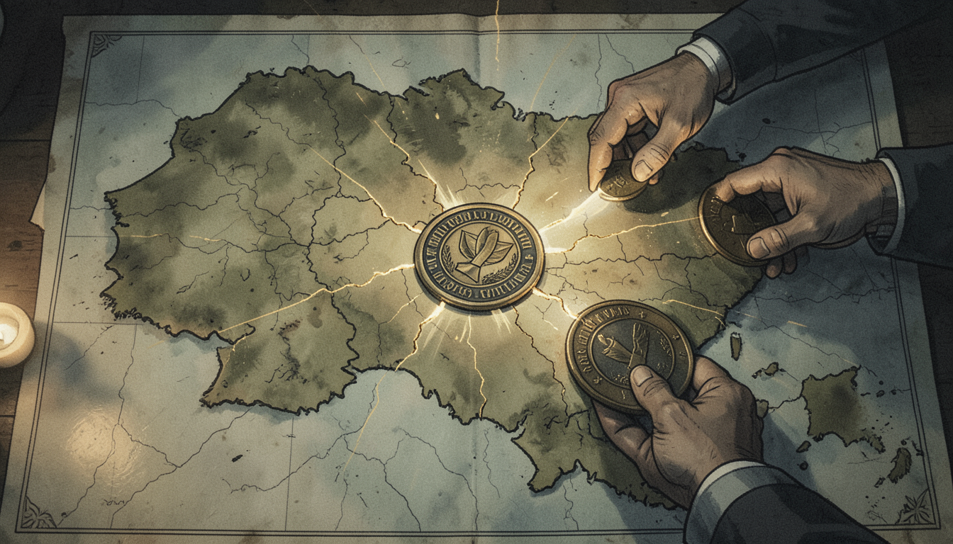 Ilustración de un mapa de Ucrania con un sello ministerial siendo reemplazado por otro, en referencia a un recambio de gabinete de guerra
