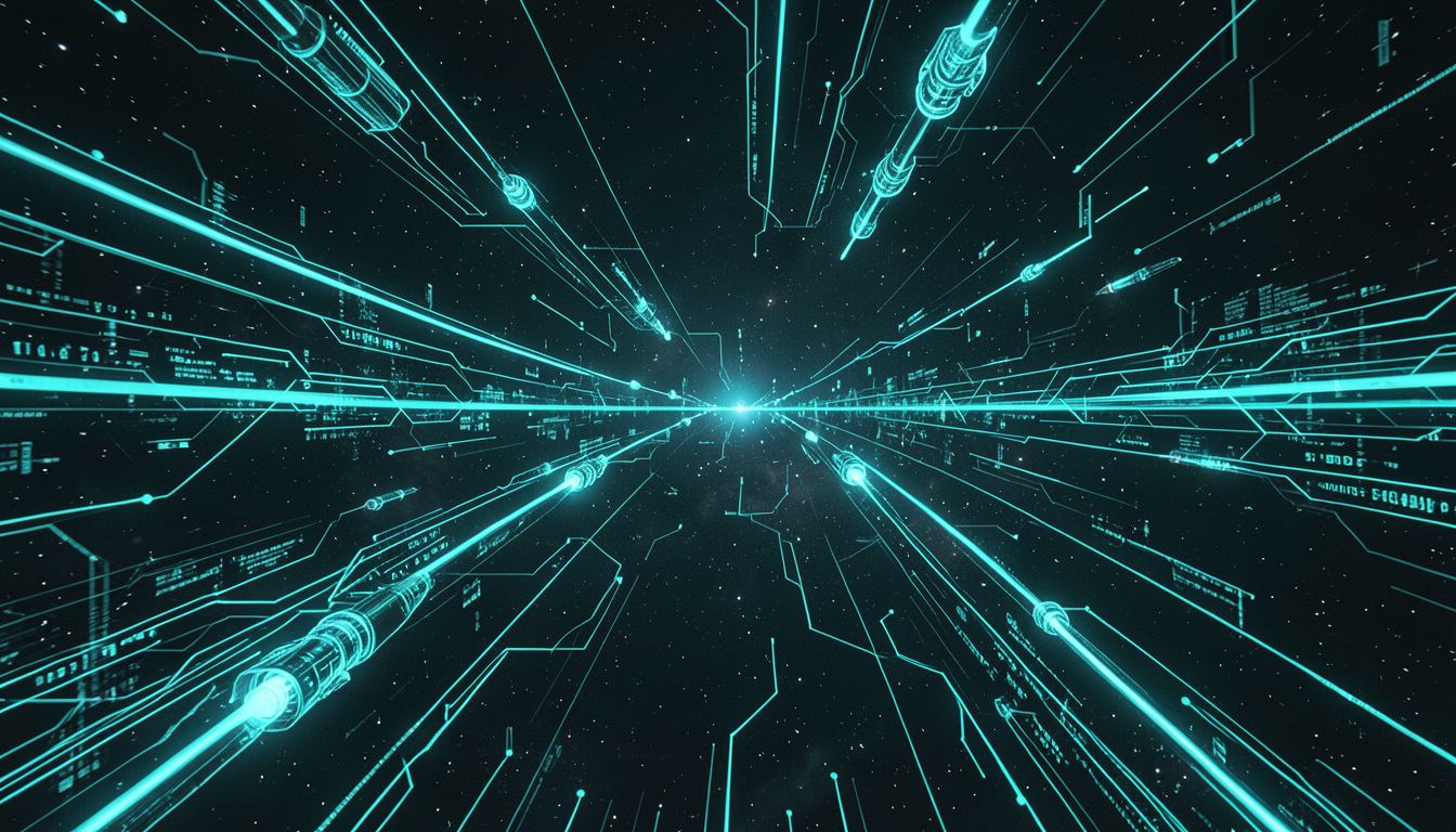 Ilustración digital y futurista de circuitos electrónicos luminosos simulando órbitas espaciales y flujos de datos cibernéticos.