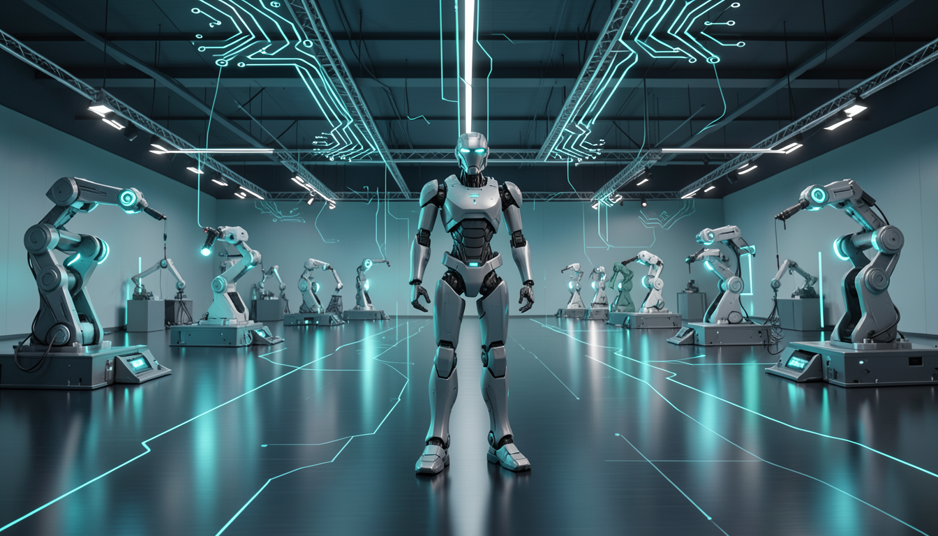 Ilustración de un robot humanoide en un pabellón de exhibición futurista con acentos de neón
