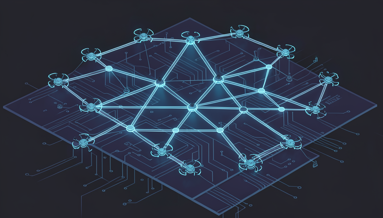 Ilustración de un grafo de nodos y ciclos ensamblado por múltiples agentes de inteligencia artificial
