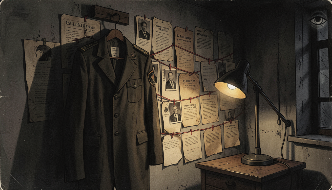 Ilustración de un uniforme militar vacío frente a un muro de archivos clasificados en un cuarto sin ventanas