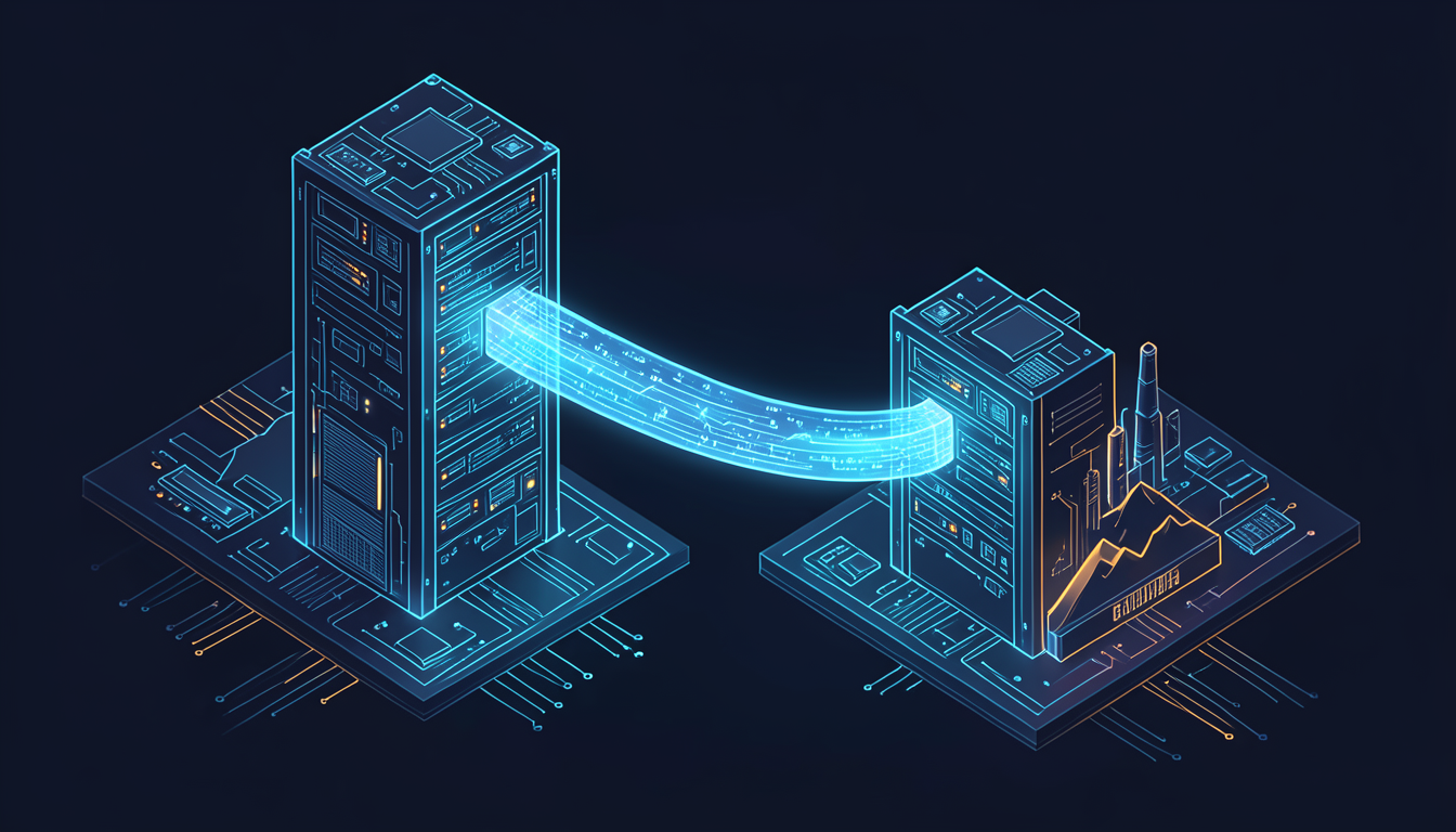 Ilustración de dos torres de centros de datos conectadas por un flujo de luz de datos, que representa la cesión de cómputo entre empresas de IA