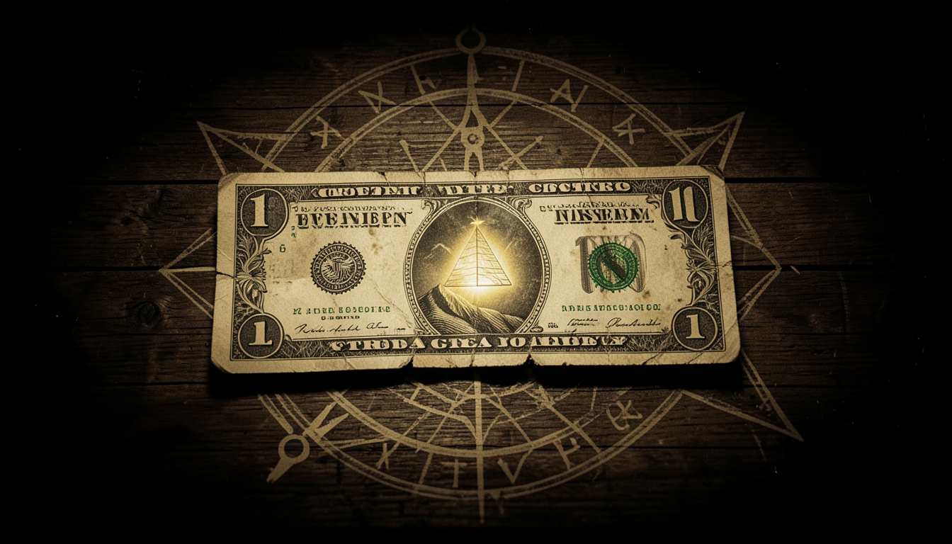 Un billete de un dólar sobre madera oscura con el ojo de la pirámide del Gran Sello brillando tenuemente