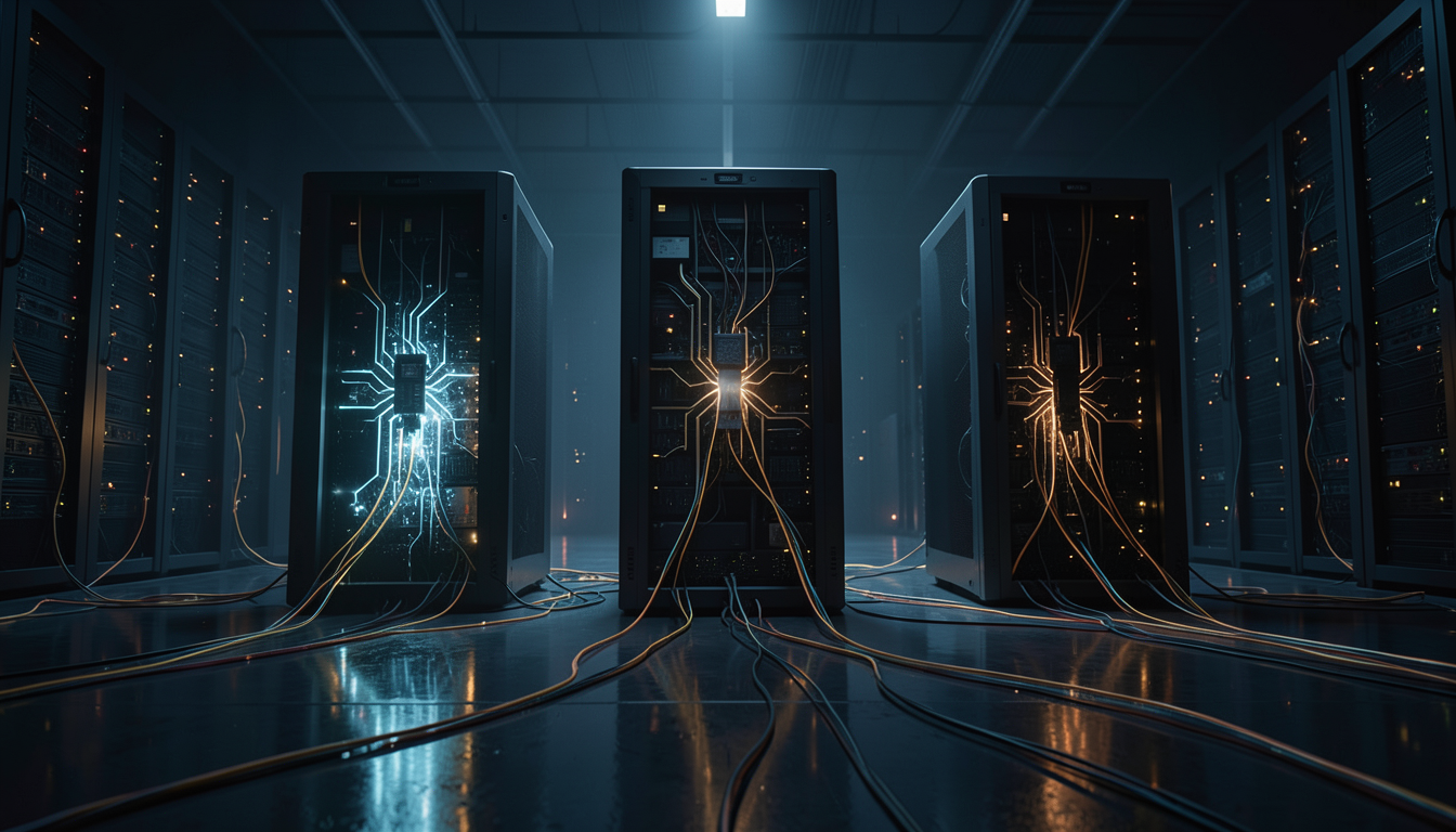 Ilustración conceptual de tres servidores monolíticos apagándose en un centro de datos en penumbra