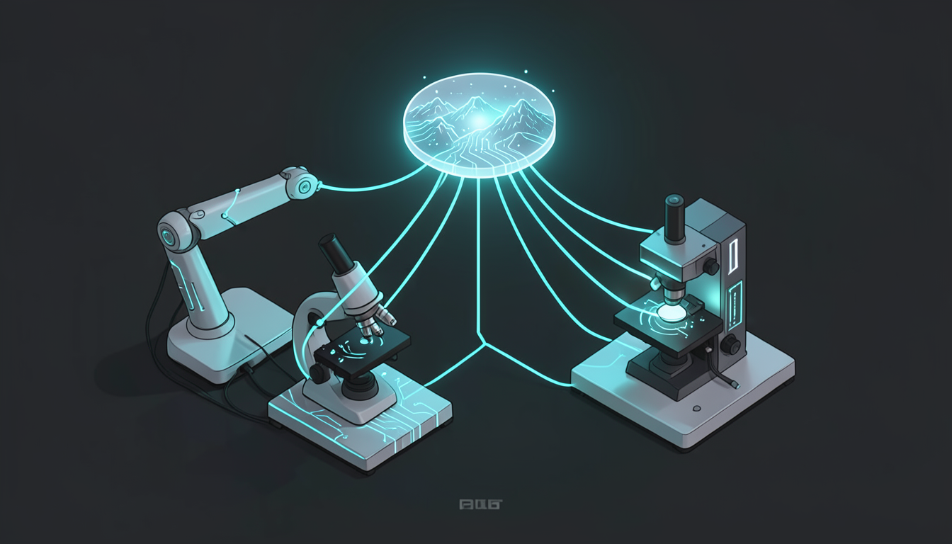 Ilustración de un brazo robótico, un microscopio y equipo de laboratorio conectados por un mismo estándar de datos