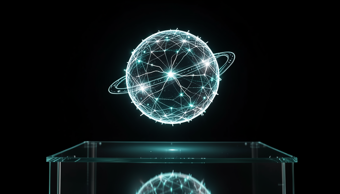 Representación artística de un núcleo de inteligencia artificial esférico y brillante con anillos orbitales