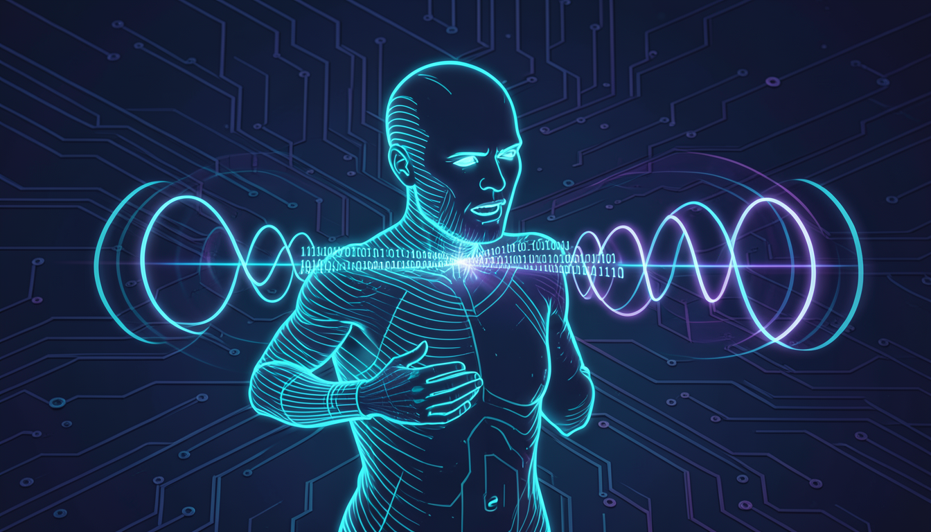 Ilustración de una silueta hecha de ondas de sonido y código que fusiona pensamiento y voz en un paisaje de circuitos
