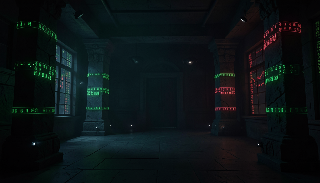 Sala de mercados en penumbra con columnas de piedra y cintas bursátiles luminosas