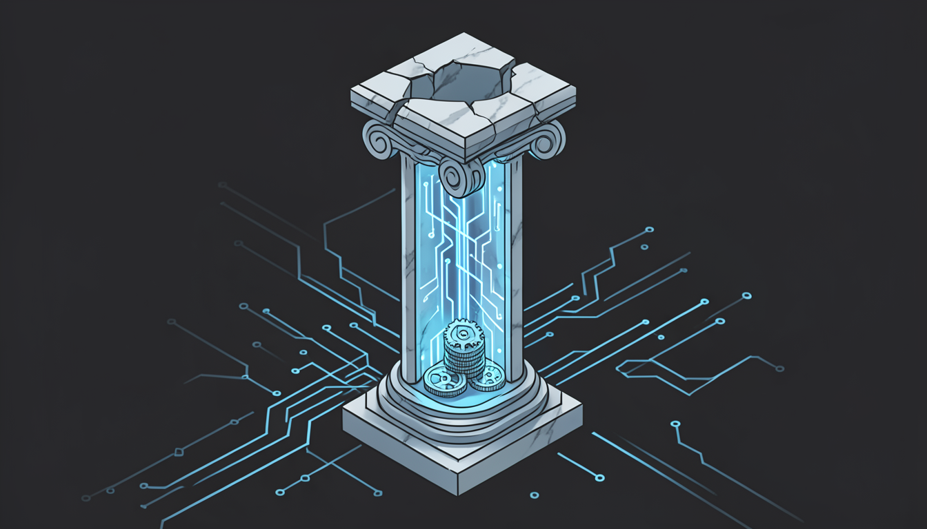 Ilustración de una columna de banco fusionada con un circuito de inteligencia artificial