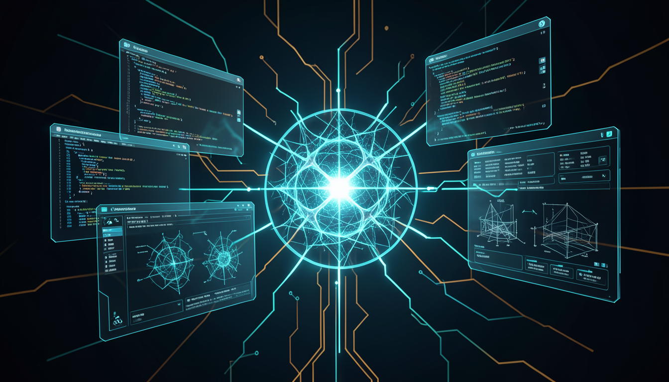 Ilustración conceptual de un núcleo de inteligencia artificial autónoma con interfaces y flujos de código
