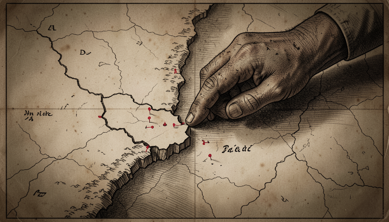 Ilustración de un mapa fracturado de una franja costera con una mano de piedra cerrándose sobre el territorio