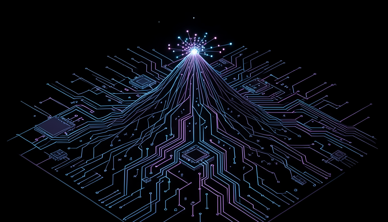 Ilustración futurista de una red de circuitos con unos pocos caminos iluminados entre miles apagados, la dispersión de expertos que sostiene a Kimi K3.