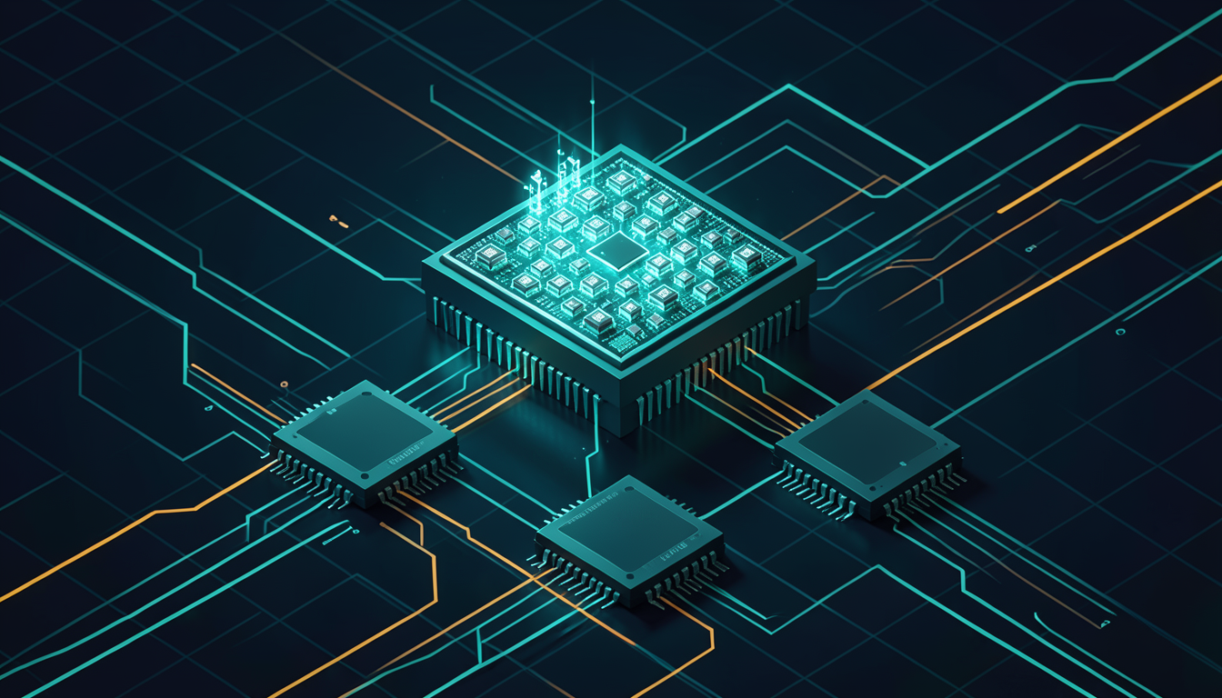 Un chip con memoria integrada se alza sobre procesadores convencionales conectados a memoria externa