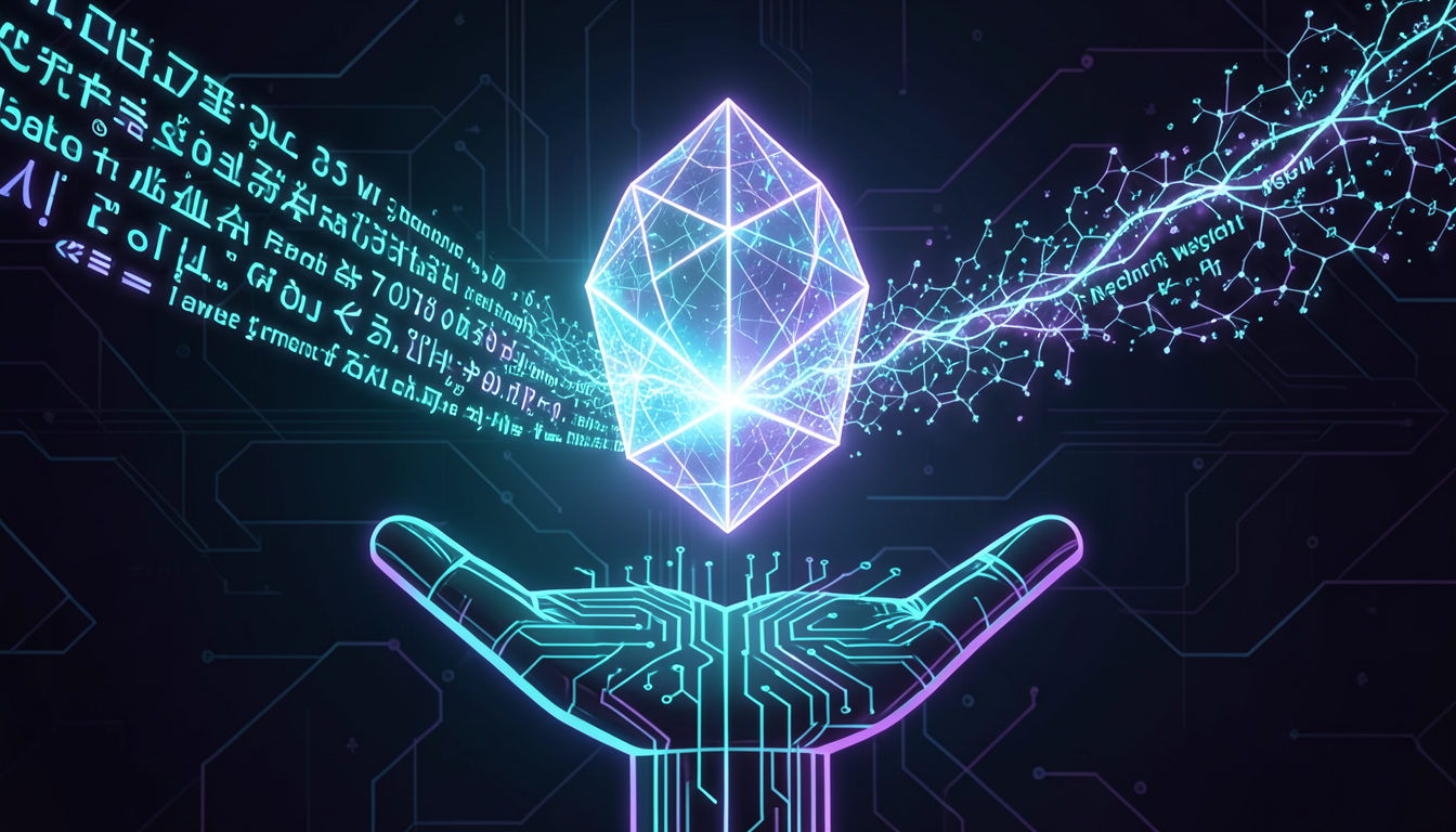 Ilustración de dos corrientes de luz, una de texto y otra de patrones de red neuronal, fusionándose en un cristal geométrico sobre una mano de circuitos