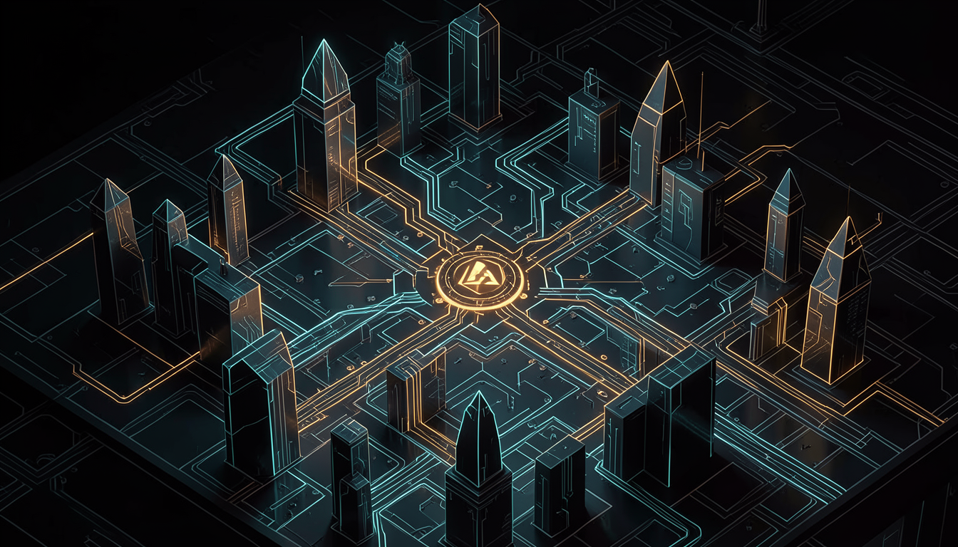 Ilustración estilizada de circuitos y estructuras digitales de seguridad informática