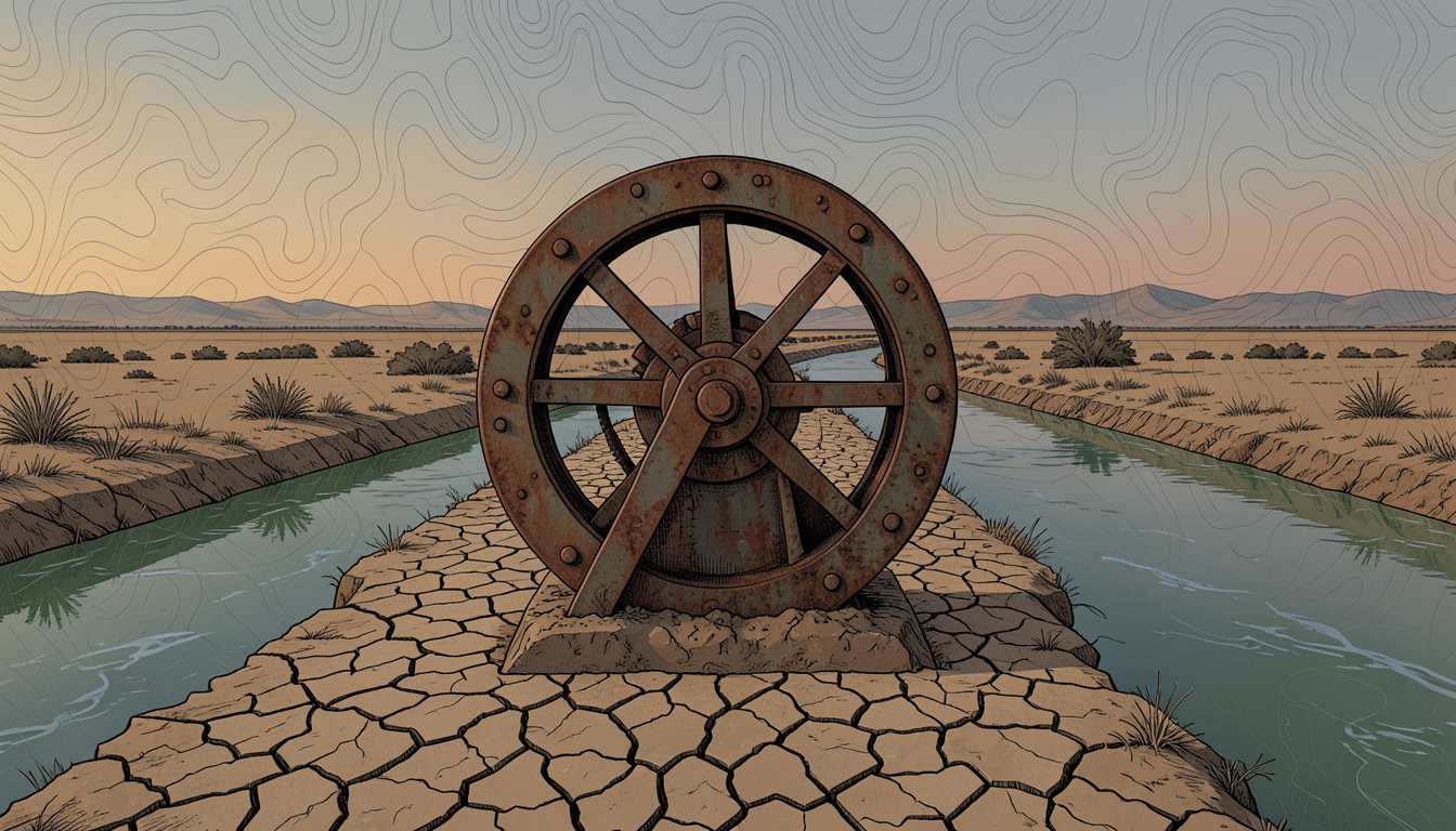 Una válvula industrial reparte el agua de un río de forma desigual entre canales de riego