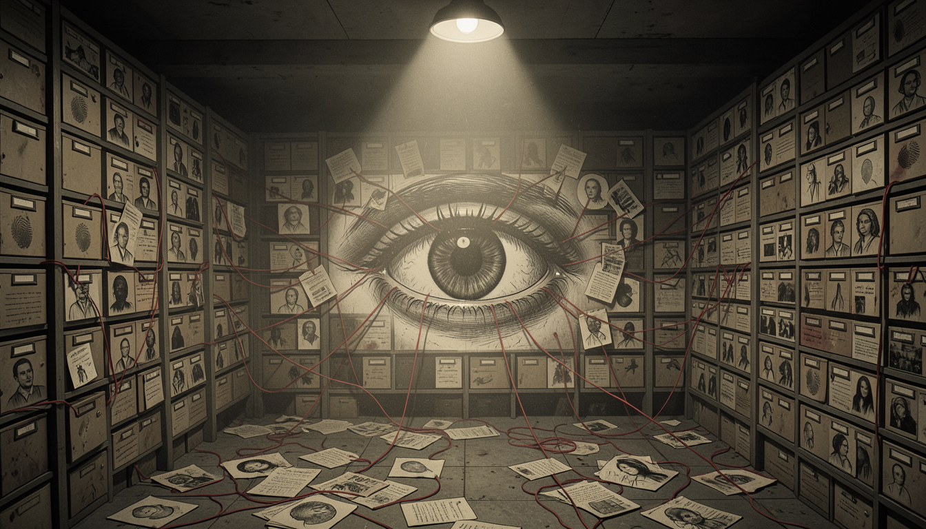 Ilustración de un archivo vigilante: expedientes y huellas convergen en un ojo central