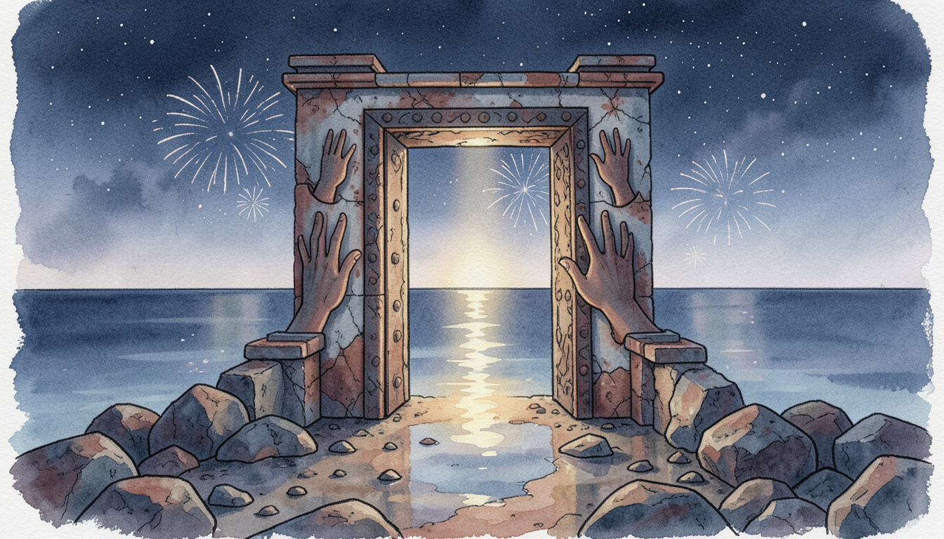 Una ilustración surrealista de la Porta d'Europa en Lampedusa bajo un cielo estrellado con fuegos artificiales distantes.