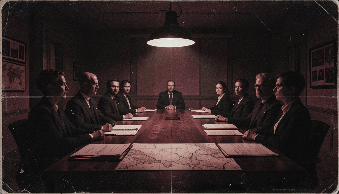 Mesa de reunión en penumbra con mapas y figuras anónimas